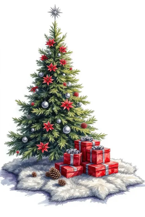 christmas tree, under the tree silver blanket made of fur, on blanket pile of red gifts with silver bows, tree decorated with red poinsettia and silver baubles, silver star is on top of the tree, luxury decorated, highly detailed, pinecones, silver baubles...