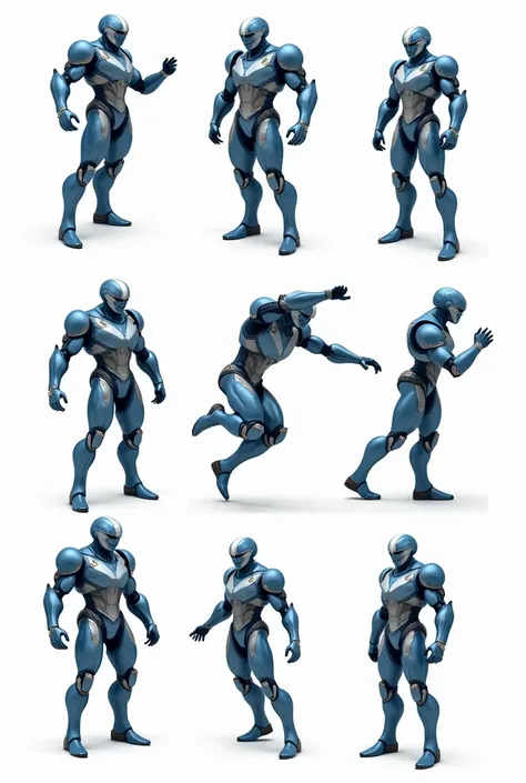 Un personaje futurist con armadura azul y gris acero, heroic design, shown in several different poses. Character should have a fully assembled head, con un casco futurist de diseño único, no human features, completely non-human, with metallic details and t...