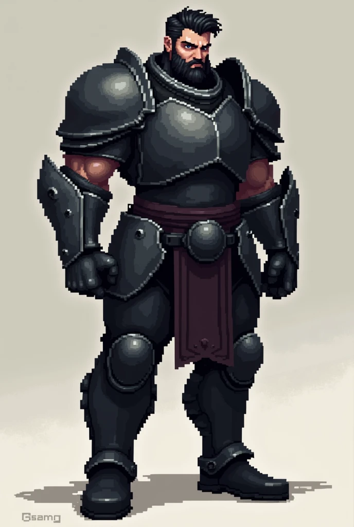 The one with black armor on for my game. Lets say its a 2D pixel character with black hair and a beard. Let the entire character be visible.
