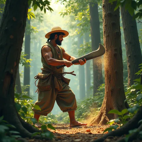 "A woodcutter standing in a dense forest, wearing rugged traditional clothes and a straw hat, firmly holding a machete (ပုဆိန်) in his hand. He is mid-swing, cutting into a large tree trunk, with wood chips flying in all directions. Surrounding him are tal...