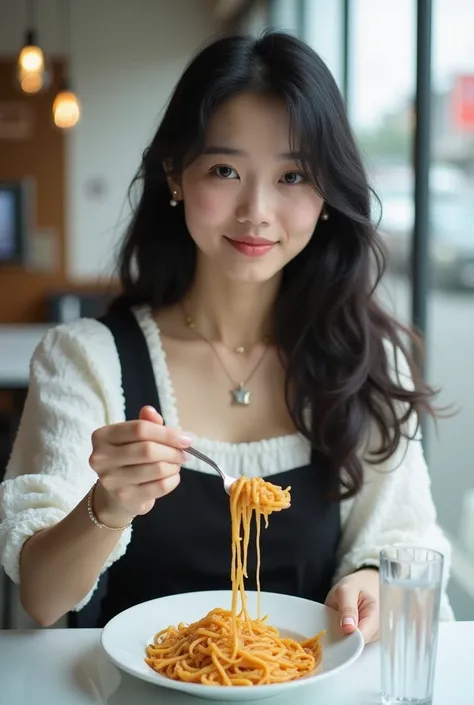 Fuji camera photo ,  Realistic ,  measurements, Asian woman,  facing straight, , a bib dress, a black skirt, a white sleeve , Put on a crescent moon necklace , Fluffy long black hair , Sitting in a white restaurant on the street, , right arm holding chin ,...