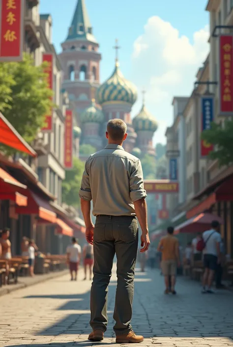 Russian man from behind in summer clothes in the city texture for the game