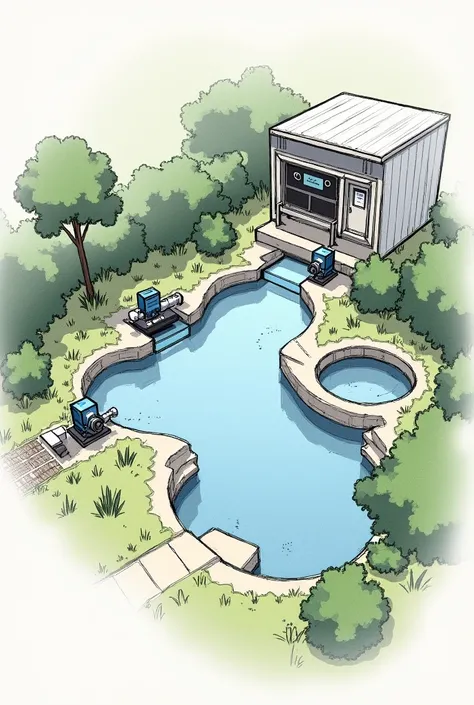 Generate an image of Sketch about (hito production ) with 3 pond 
every pond have water circulation pump and 1 facility room and sketch only  dont forget the facility room

