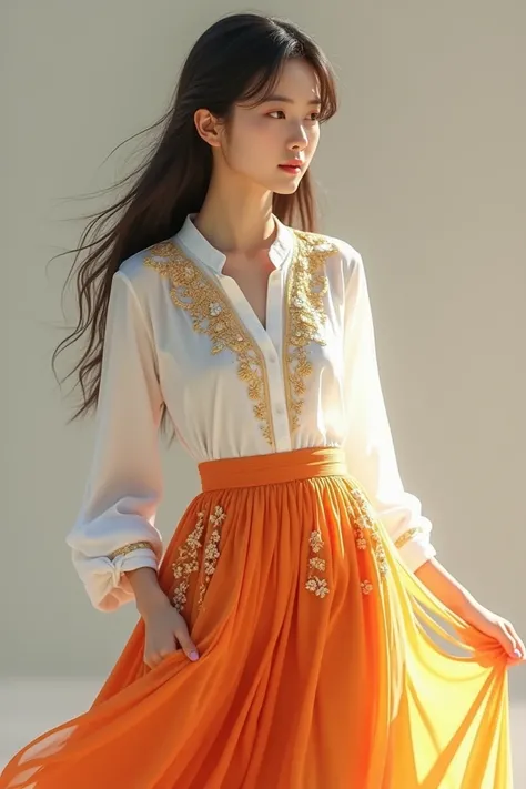 A mid siz girl wearing white shirt with elegant golden embroidery on it and orange skirt having mirror work