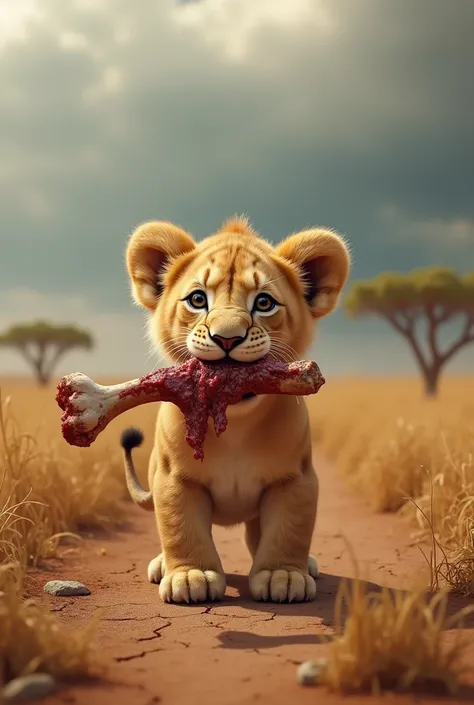 A small, adorable baby lion holding a large bloody bone in its mouth, standing on dry, cracked earth in a savannah-like setting. The background features scattered acacia trees, a vast open landscape, hay grass  and a dramatic cloudy sky, creating a surreal...