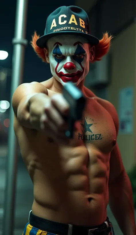 A stocky muscular creepy male clown wearing hat with text "ACAB", he was shirtless and there is a tattoo on his hirsut chest with text "1312", his hand was holding gun and pointing it to the camera. He was standing in front of a police post. Award Winning,...