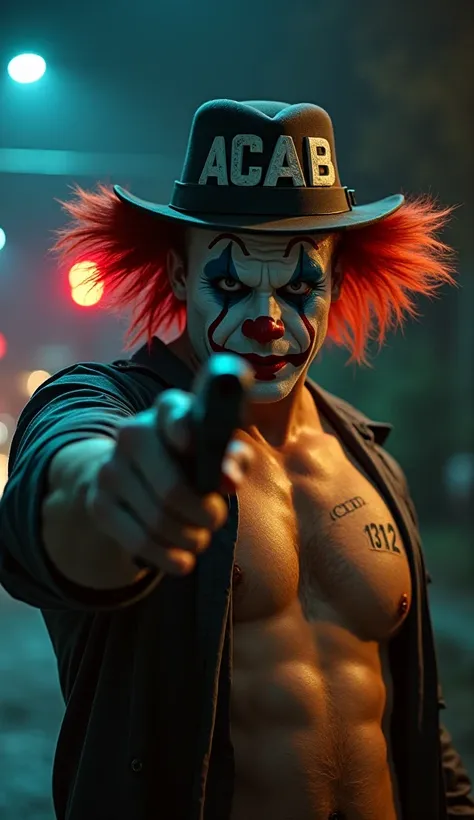 A stocky muscular creepy male clown wearing hat with text "ACAB", he was shirtless and there is a tattoo on his hirsut chest with text "1312", his hand was holding gun and pointing it to the camera. He was standing in front of a police post. Award Winning,...