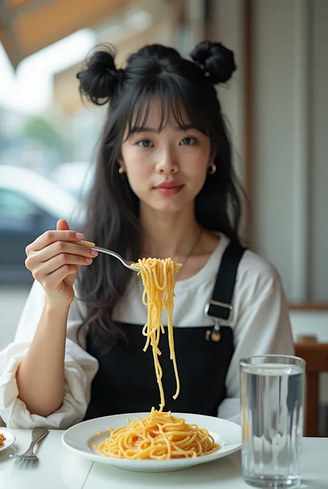 Fuji camera photo ,  Realistic ,  measurements, Asian woman,  facing straight, , a bib dress, a black skirt, a white sleeve , Put on a crescent moon necklace , Fluffy long black hair , Sitting in a white restaurant on the street, , right arm holding chin ,...