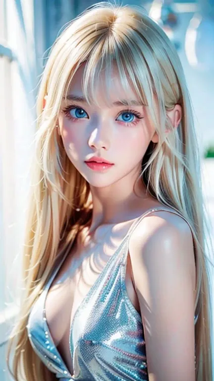  extraordinary sexy beauty、 Beautiful calm and bright expression 、 sexy and fresh look 、 perfect beautiful cute face with long bangs hanging over a beautiful face、 super long shiny platinum blonde silky straight hair 、beautiful platinum blonde 、 very brigh...