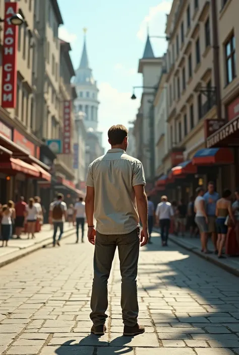 Russian man from behind in summer clothes in the city texture for the game