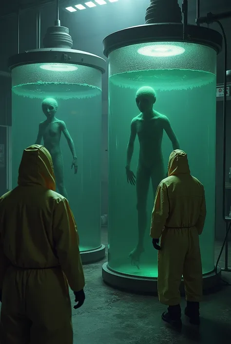 A dimly lit corridor in a laboratory, with scientists in protective suits examining strange humanoid figures submerged in large tanks of murky liquid, eerie expressions on the figures faces