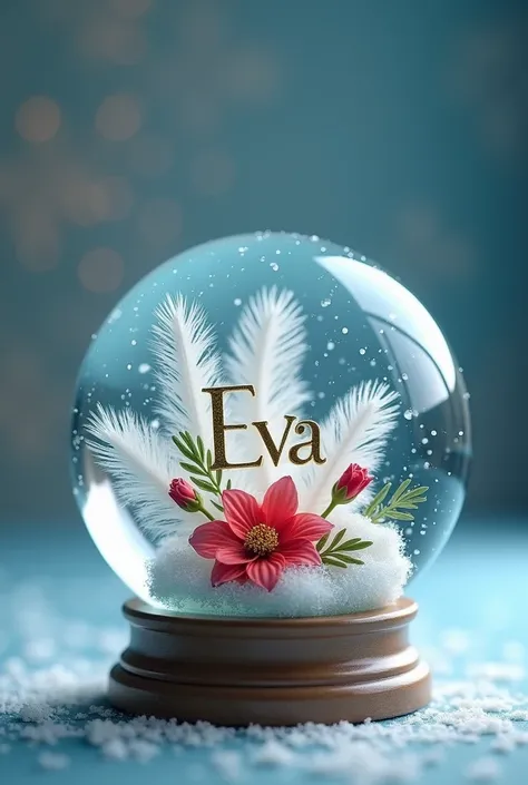  noël dans une boule de noël genre de verre soufflé avec des fleurs de noël et quelques plumes blanches. Des plumes blanches fluffy blanches. Écrit Eva en dore. Le fond sera bleu dégradé.