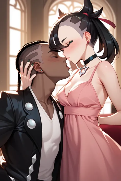 masterpiece, best quality, highres, marnie_(pokemon),Aqua Eye, Black Choker, Red ribbon, earrings, jewelry, cleavage, indoor,hotel,cowboy shot, blushing, incoming kiss, closed eyes, colarbone, 1boy, 1girl, kiss, couple, hetero male, tall male, interracial,...