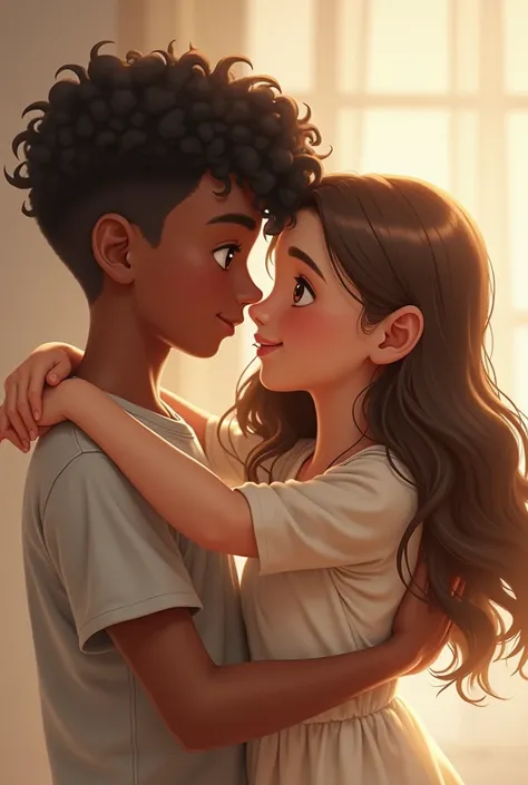 Two people in love: the brown boy with a mole next to his nose on his cheek with brown eyes and the white girl with brown hair hugging each other. 