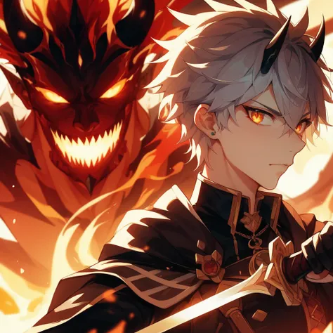 masterpiece, best quality, anime-style illustration、 an anime-style image with flat paint 、 an oblique side image of a hero from another world holding a sword、An image of the devil king in the background 、Burning Fire、Screen Capture