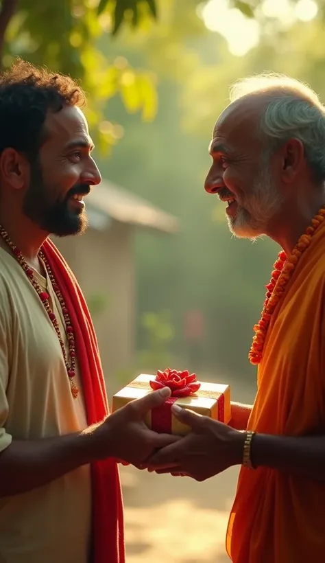 A heartwarming, ultra HD, cinematic moment of Mohan gifting Ramoo a beautifully wrapped package. Ramoo, with a surprised yet emotional expression, holds the gift but looks at Mohan with deep gratitude. The background features a serene village setting with ...