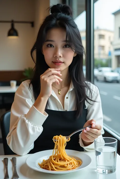 Fuji camera photo ,  Realistic ,  measurements, Asian woman,  facing straight, , a bib dress, a black skirt, a white sleeve , Put on a crescent moon necklace , Fluffy long black hair , Sitting in a white restaurant on the street, , right arm holding chin ,...