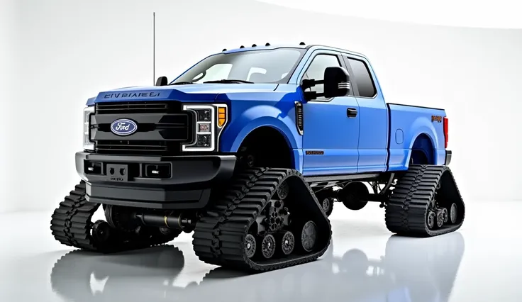 Here’s the updated prompt with a side view in a wide-angle shot:

"A heavily modified Ford pickup truck, painted in vibrant blue, converted into a tank with massive tracks instead of wheels. The truck retains its classic design with visible details like th...