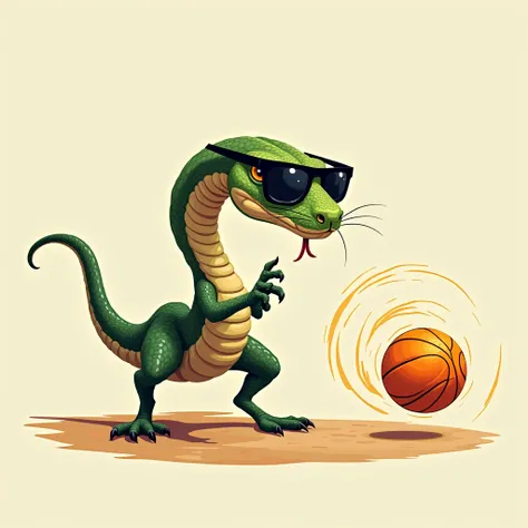 The snake uses the tip of its tail to spin an orange on a flat surface, like a basketball trick. Its sunglasses glint with precision, and motion lines show the orange spinning rapidly.