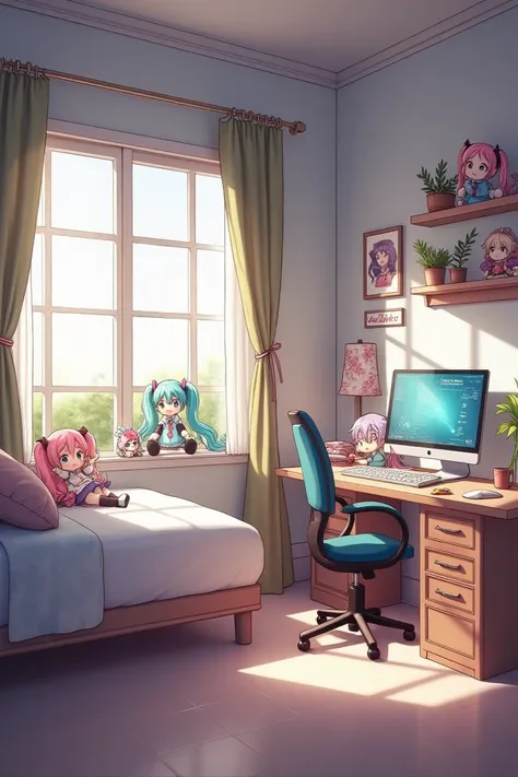 A room with a window , a bed,  a table with a Hatsuni Miku themed computer and some Hatsuni Miku dolls