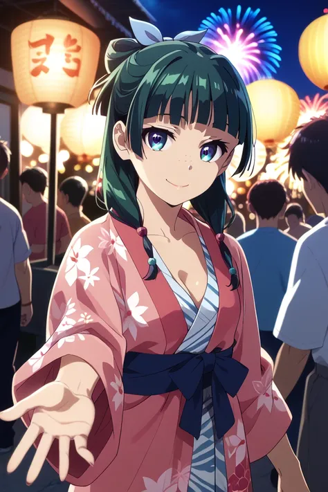 1girl, default hairstyle, hair bun, hair ribbon, blue ribbon, sidelocks, blunt bangs, hair beads, half updo, low twintails, hair over shoulder, freckles, small breasts, pale skinned,    dynamic angle, takeda hiromitsu style,   night, summer festival, outdo...