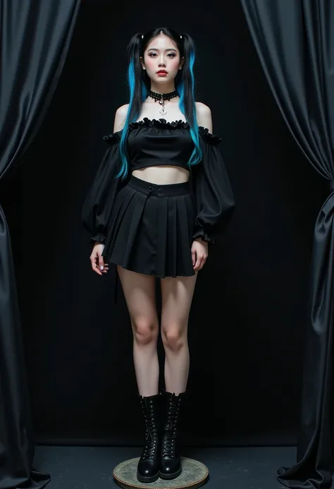 The image is a high-resolution photograph featuring a young woman standing on a raised, dark, draped platform. She has a petite, slender physique with fair skin and long, wavy hair styled in high pigtails with blue streaks. Her outfit is a gothic-inspired ...