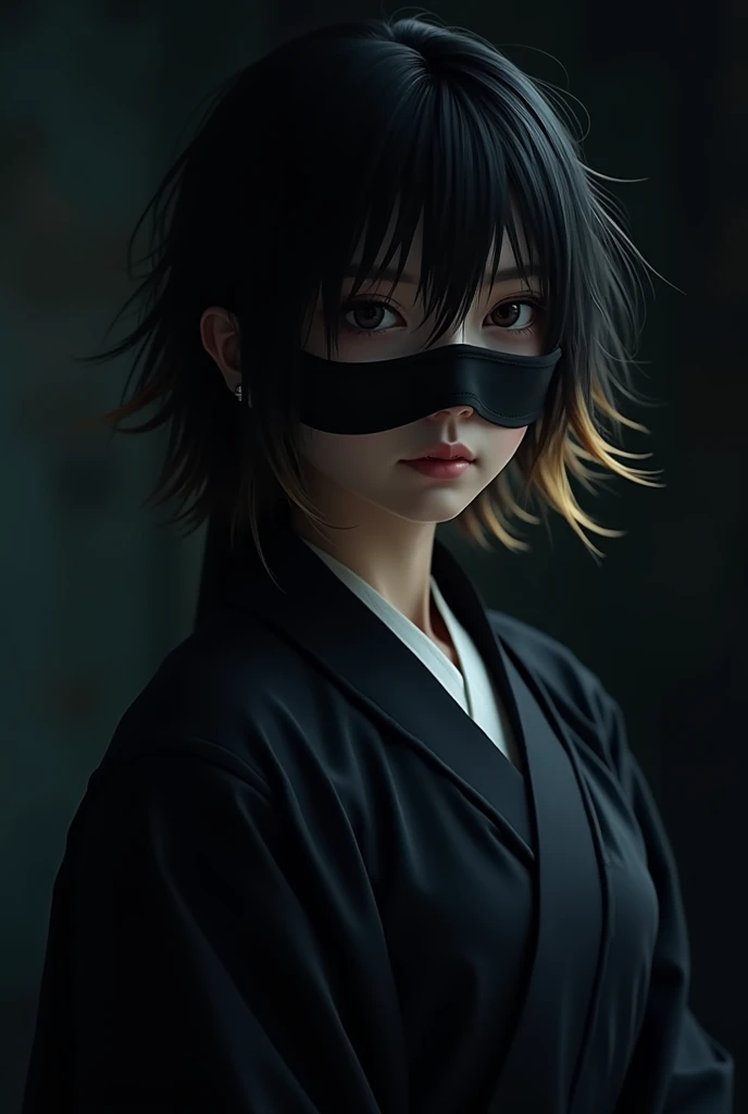 Close-up of a figure, likely a digital rendering or a character from a video game or anime. The figure is a person with dark, somewhat shaggy, hair that has a hint of blonde or yellowish highlights. The figure wears a dark, almost black, garment, possibly ...