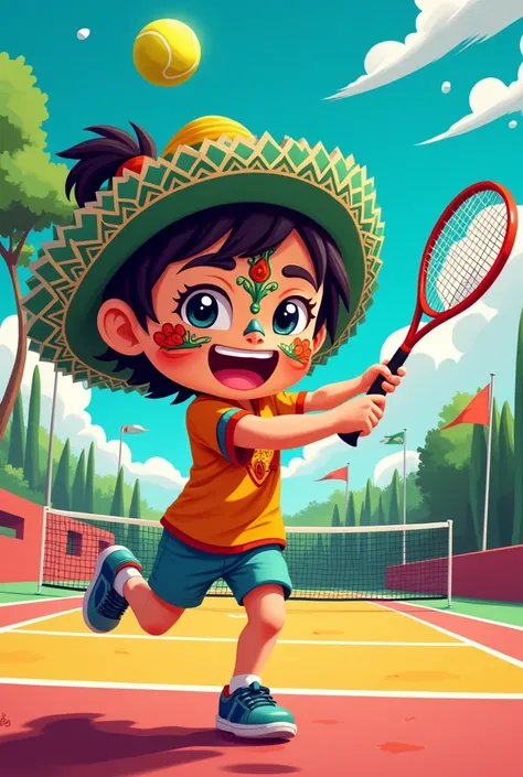 Please generate a cute anime character with a Mexican mask man playing tennis