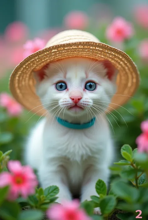 The image is a close-up of a small kitten wearing a large straw hat with a floral pattern. The kitten white colour The kitten is lying on a bed of green leaves and pink flowers, with a blue collar around its neck. The background is blurred, but it appears ...