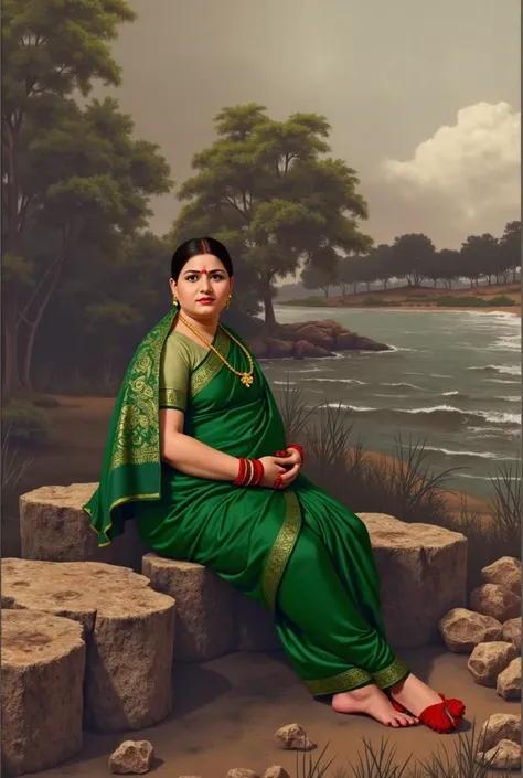 painting of a woman in a green sari sitting on a rock, a photorealistic painting inspired by Raja Ravi Varma, trending on cg society, hyperrealism, traditional beauty, dressed in a sari, in style of old painting, in a oil painting style, portrait shot, cla...