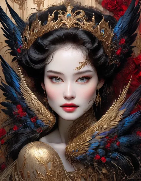  In a mesmerizing close-up ,  a Gothic woman appears with magnificent wings that flash in shades of gold as if they were bathed in the evening light. his eyes,  penetrating and full of a deep mystery ,  they seem to connect with the viewers soul ,  reveali...