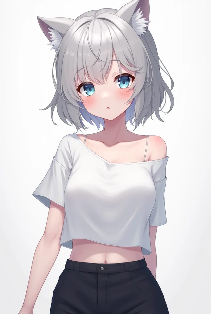 Beautiful, cute anime girl, short hair in light gray, wearing short black pants, wearing a white t-shirt, slightly open, cat ears, beautiful blue eyes, breast size: normal,


