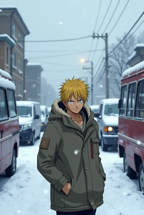 Sanji in one piece yellow hair standing in the middle of town.
There are vehicle covered with snow. Its a winter season. He is holding his cigerette. He is wearing a winter coat a smile on his face. 