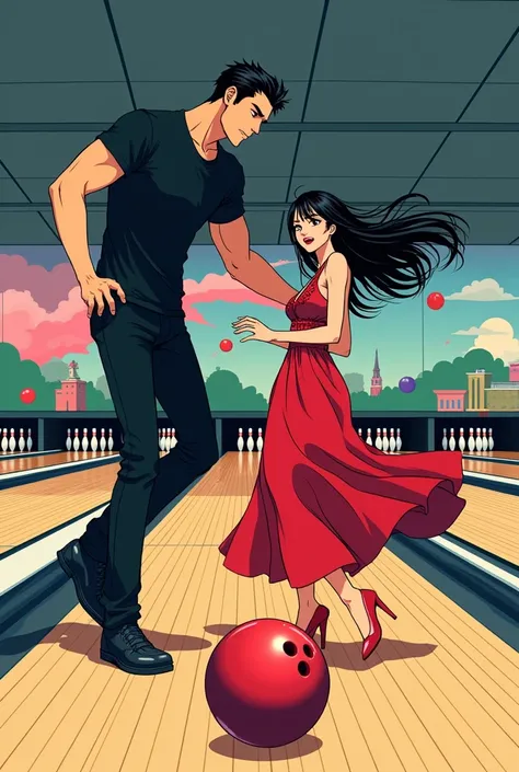 Anime comic drawing, Tall man and short woman in long red dress both with black hair and brown eyes, Playing bowling.