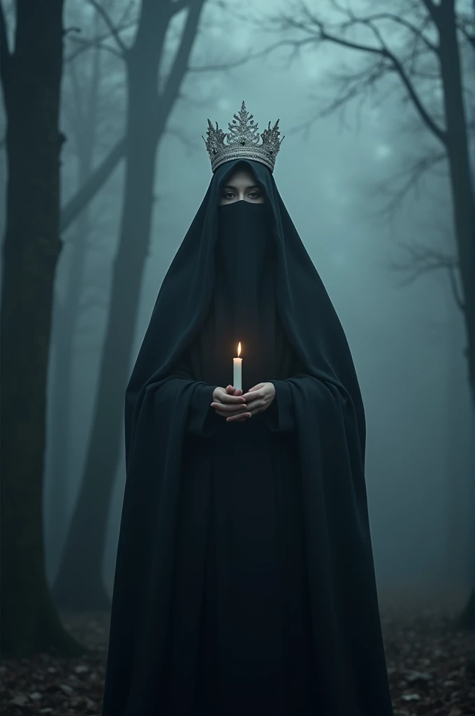 Foggy night, dark forest, a women with black borkha and luxurious white crown with a candle, iconic vibes 