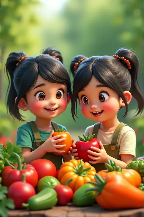 
" Sacolão Meninos das Verduelas "

 Visual Description :
 Two friendly twin characters ,  with black hair and light brown eyes ,  smiling and interacting with fresh vegetables  ( like lettuce , carrots and tomatoes ).  The scene may include a vegetable ba...