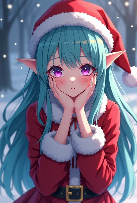  anime style,Adult woman anime, with long blue-green hair and with tufts in front, Elf ears, with bright purple eyes,disguised as Santa Claus 