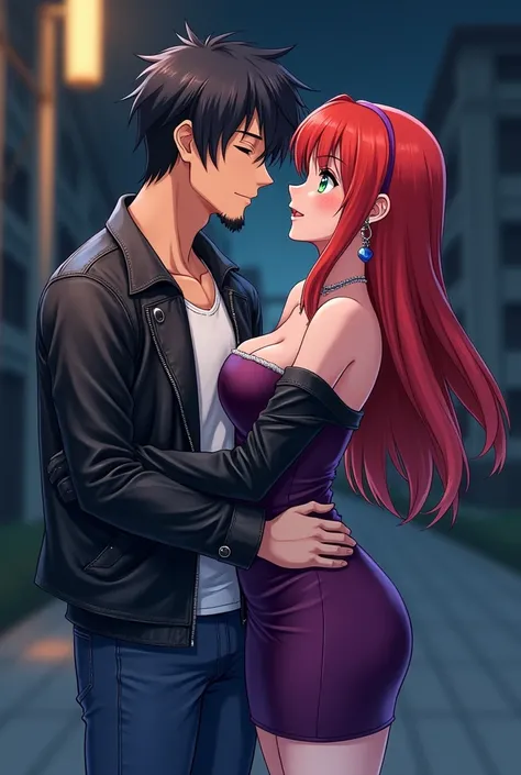 A happy couple, mikami_reiko, green eyes, red hair, long hair, forehead, earrings, necklace, cleavage, bare shoulders, (((Black leather jacket))), latex purple dress, short dress, strapless dress, tube dress, With a Young men, short hair, (((Black hair))),...