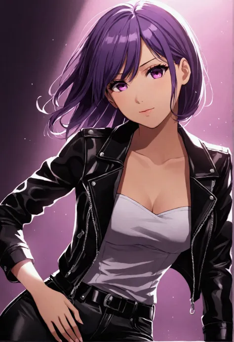 Yuri from the game Doki Doki Literature Club (purple girl) in black leather jacket and black leather jeans and white strapless shirt with neckline