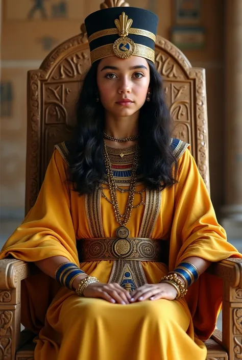 A 15-year-old Egyptian girl, dressed in ancient Egyptian royal robes, sits on an elegant throne. She has an elegant and confident demeanor, complete with detailed jewelry, a headdress and a beautifully embroidered robe typical of the Egyptian Bald dynasty....