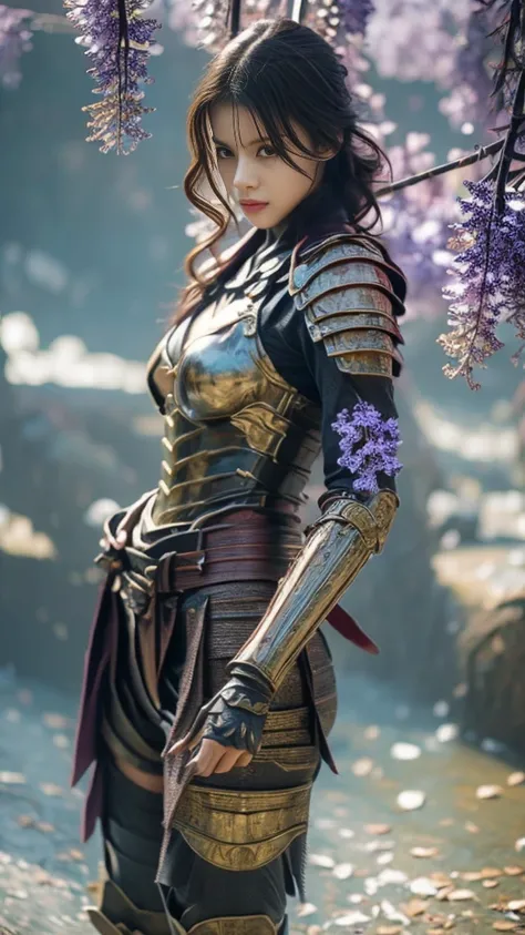  a sexy female character wearing armor as a warrior from the Sengoku period 、((twintails, spiral curls hair))、((onyx black hair))、((toned body))、(glistening skin)、 toned body、((mega breasts 1.8))、 plump breasts 、 plump thighs 、 The purple armor with a wist...