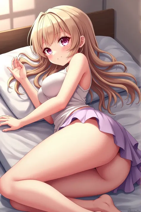 Beautiful anime girl with big butt wearing a very short skirt and laying on her stomach 