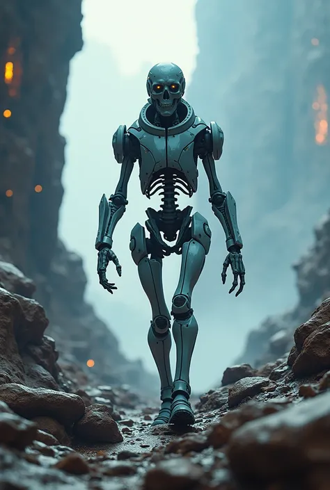 Skeleton in a sci-fi spaceship, exploring the surface of a distant planet.
