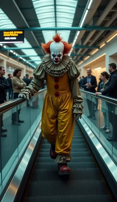 " A hyper-realistic photo of a Evil clown at a modern train station ,  captured as if taken with a professional camera .  The clown is on an escalator climbing , with sad expression, curved and visibly melancholic .  He wears a worn costume with dull color...