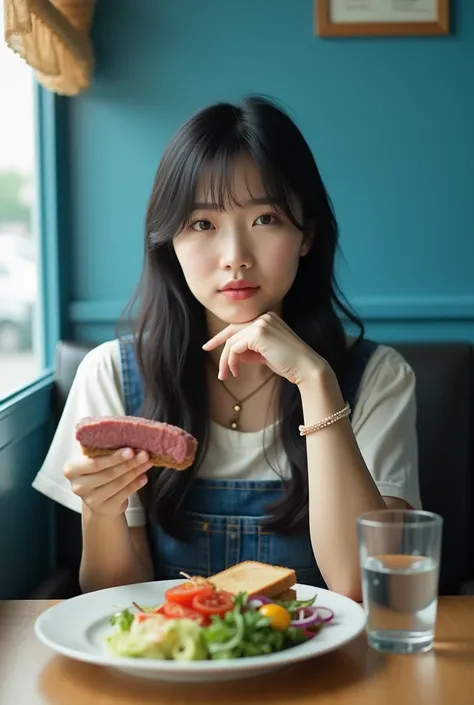 Fuji camera photo ,  Realistic ,  measurements, Asian woman,  facing straight, , a bib dress, a denim skirt, a white sleeve , Put on a crescent moon necklace , Fluffy long black hair , Sitting in a roadside blue restaurant , , right arm holding chin , . Th...