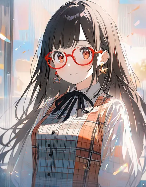 1girl, , brown eyes are shining and cute, black hair, long hair, extremely detailed neat hair,Straight hair, tareme, ((red-rimless eyewear:1.2)), star earrings, medium breasts, smile, blushful,
BREAK
looking at viewer, shirt, dress, closed mouth, standing,...