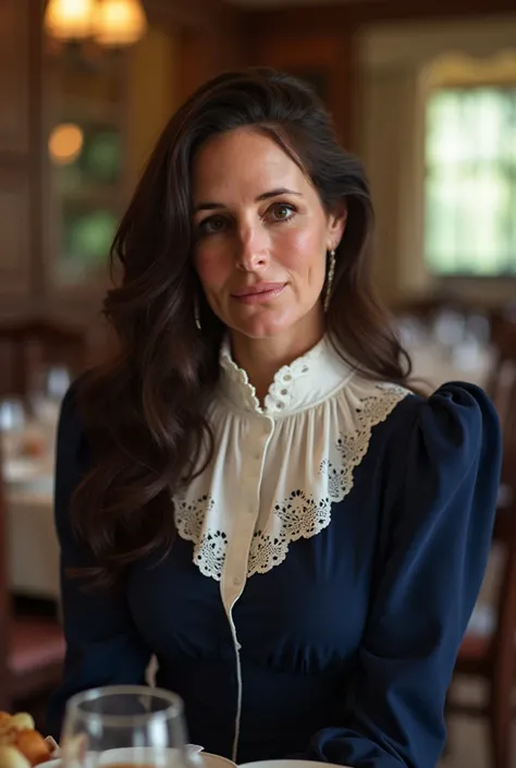 Madeline Stowe, in 1992, dimples, long brunette hair, wearing a 90s style tea length navy blue dress with a princess silhouette and an oversized white Chelsea collar featuring eyelet lace trim with shoulder pads and French sleeves, white kitten heels pumps...