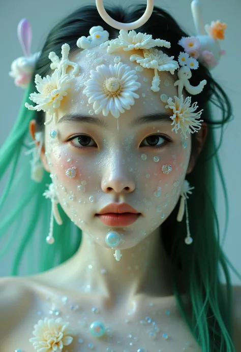 The image is a high-resolution photograph of an Asian woman with long, dark hair streaked with vibrant green. Her face is covered in a surreal, otherworldly substance that resembles a blend of sea creatures and marine elements. The substance is a mix of wh...