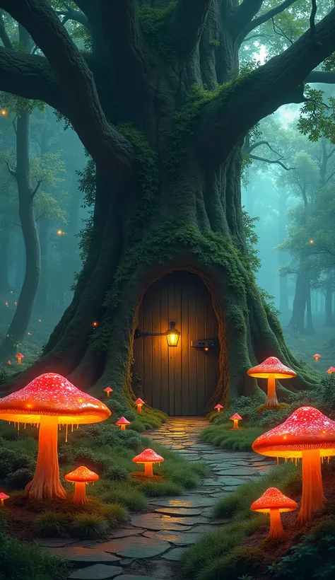 a huge tree, with a thick stem, at the foot of the tree, on the bark there is a wooden door, is an enchanted forest, magic, with colorful fireflies, red mushrooms, yellows and oranges that emit neon light, in some mushrooms drips honey that shines.  A fair...