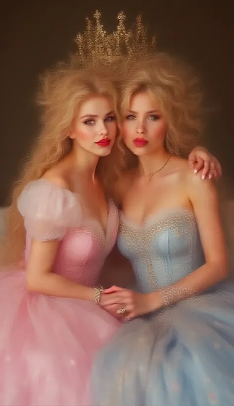 A very beautiful 1 blonde queen and boack girl a very beautiful   queen embrace and look at the camera, whole body, crown, Looking at the camera Looking at the camera busty Smile, Makeup, siting bed  pink abd blue princess dress Licking Lips, Red Lips, ful...